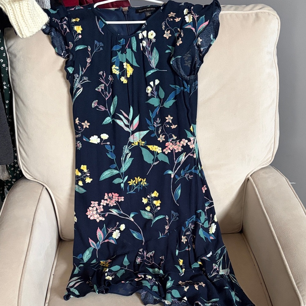 Banana Republic Navy Floral Ruffle-Hem Dress with Pink, Yellow & Green Accents